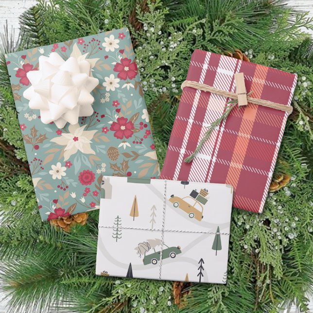 Winter Poinsettia Plaid Traditional Christmas Wrapping Paper Sheet (Creator Uploaded)