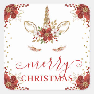 Winter Poinsettia Unicorn Merry Christmas Square Sticker