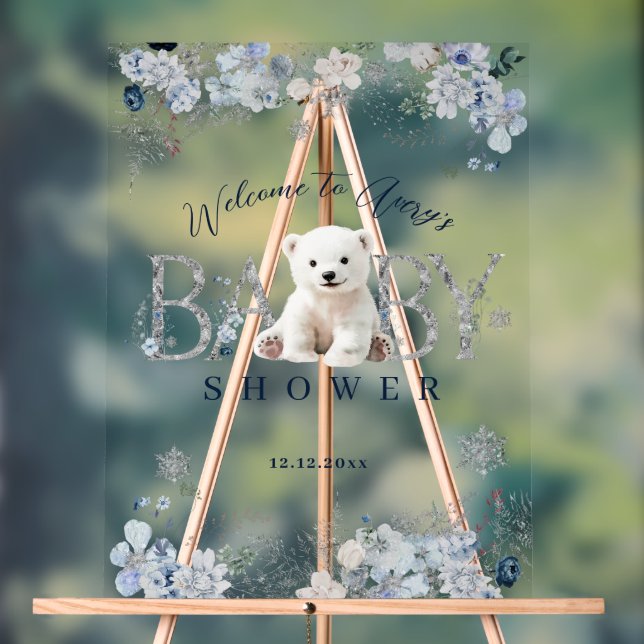 Winter Polar Bear Baby Boy Shower Welcome Acrylic Sign (Neutral)