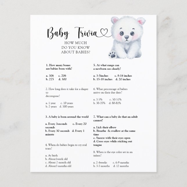 Winter polar bear - Baby Trivia | Baby Shower Game (Front)