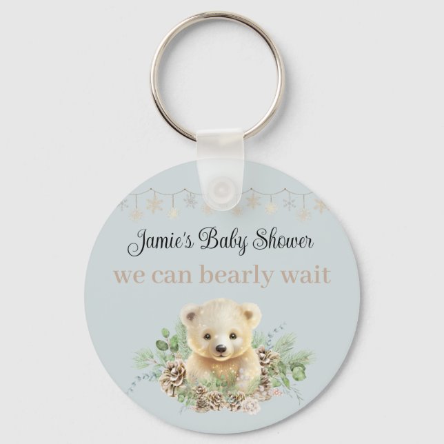 Winter Polar Bear Blue Baby Shower Favour Keepsake Keychain (Front)