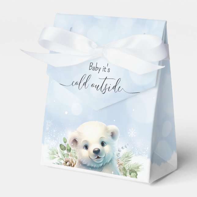 Winter Polar Bear Cold Outside Blue Baby Shower Favor Box (Front Side)