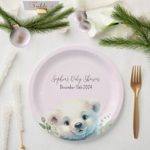 Winter Polar Bear Cold Outside Pink Baby Shower Paper Plate