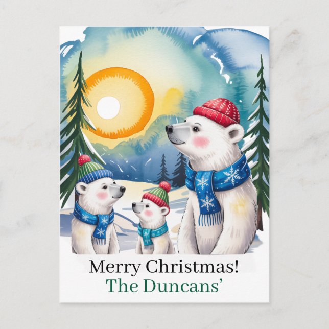 Winter Polar Bear Family Christmas Postcard (Front)