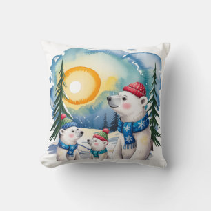 Winter Polar Bear Family Christmas  Throw Pillow