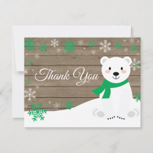 Winter Polar Bear Green Snowflake Thank You Card