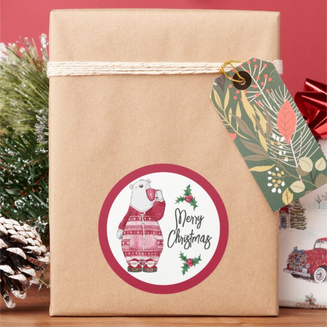 Winter Polar Bear in Pyjamas with Cocoa Classic Round Sticker (Holiday)