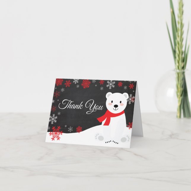 Winter Polar Bear Red Snowflake Chalkboard Thank You Card (Front)