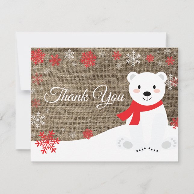Winter Polar Bear Red Snowflake Thank You Card (Front)