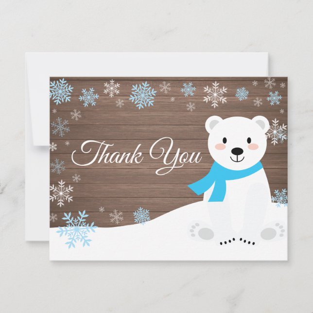 Winter Polar Bear Snowflake Blue Thank You Card (Front)