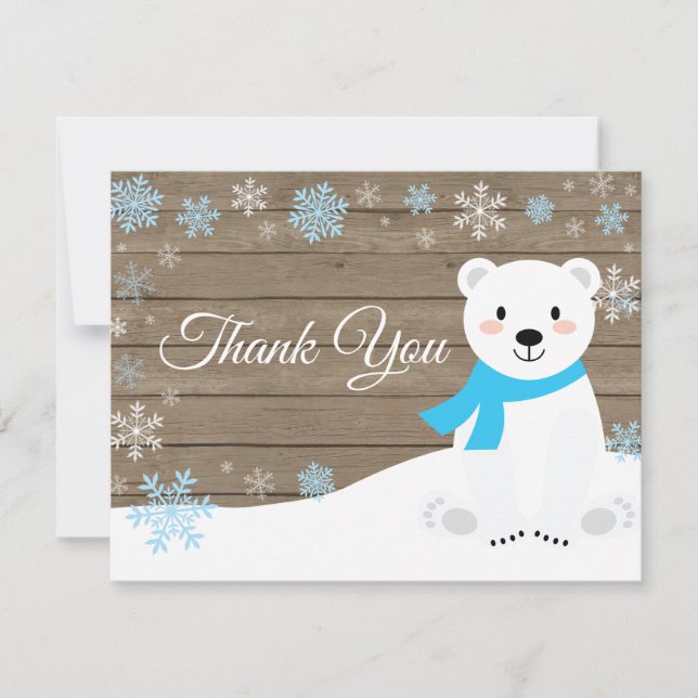 Winter Polar Bear Snowflake Blue Thank You Card (Front)