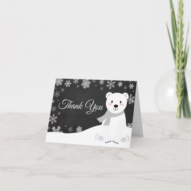 Winter Polar Bear Snowflake Chalkboard Thank You Card (Front)