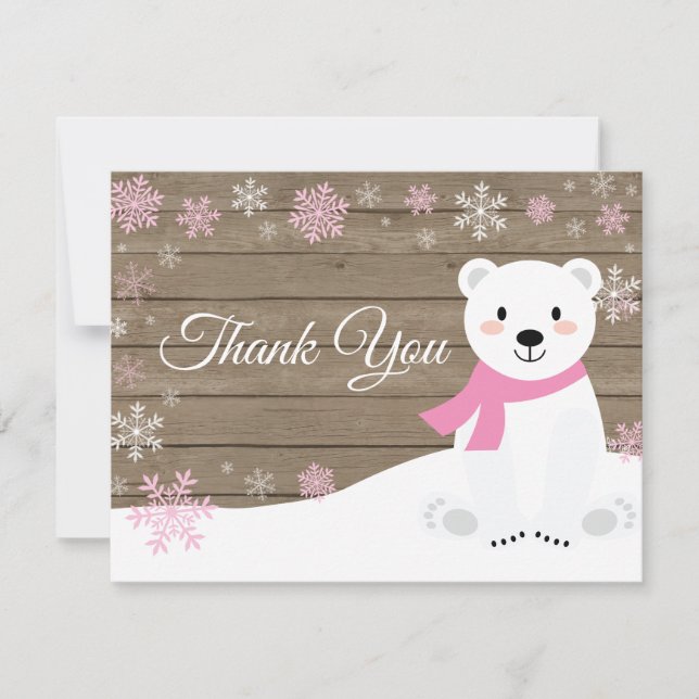 Winter Polar Bear Snowflake Pink Thank You Card (Front)