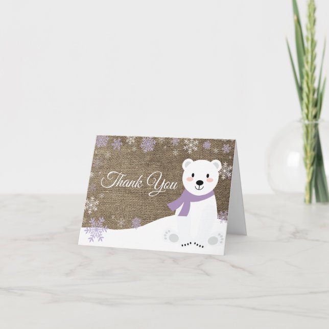 Winter Polar Bear Snowflake Purple Burlap Thank You Card (Front)