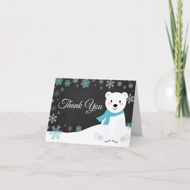 Winter Polar Bear Snowflake Teal Chalkboard Thank You Card (Front)