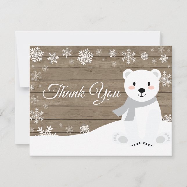 Winter Polar Bear White Snowflake Thank You Card (Front)