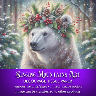 Winter Polar Bear With Holly Crown Decoupage Tissue Paper