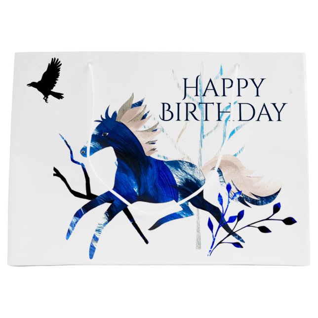 Winter Pony and Crow Horse Happy Birthday  Large Gift Bag (Front)