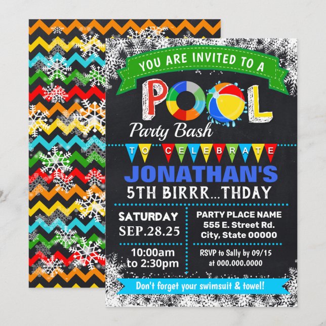 Winter Pool birthday party bash Invitation (Front/Back)