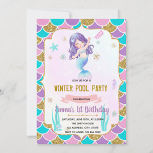 Winter pool mermaid theme invitation 
