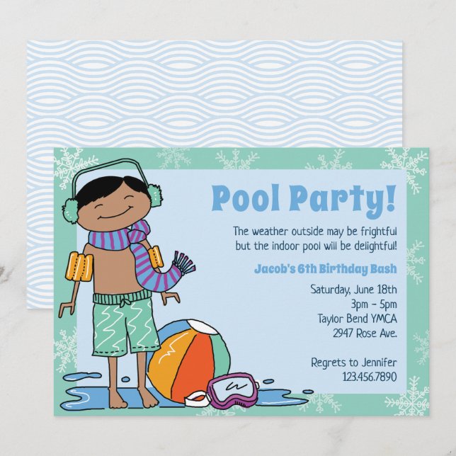 Winter Pool Party Black Hair Boy Indoor Swim Invitation (Front/Back)