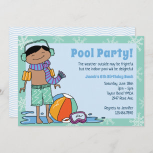 Winter Pool Party Black Hair Boy Indoor Swim Invitation