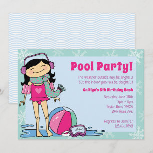 Winter Pool Party Black Hair Girl Indoor Swim Invitation