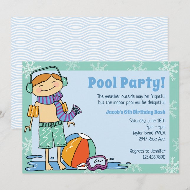 Winter Pool Party Red Hair Boy Indoor Swimming Invitation (Front/Back)