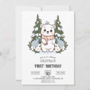 Winter Pretty Polar Bear 1st Birthday Digital Invitation