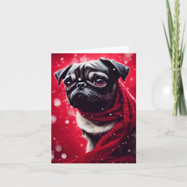 Winter Pug Puppy Greeting Card (Front)