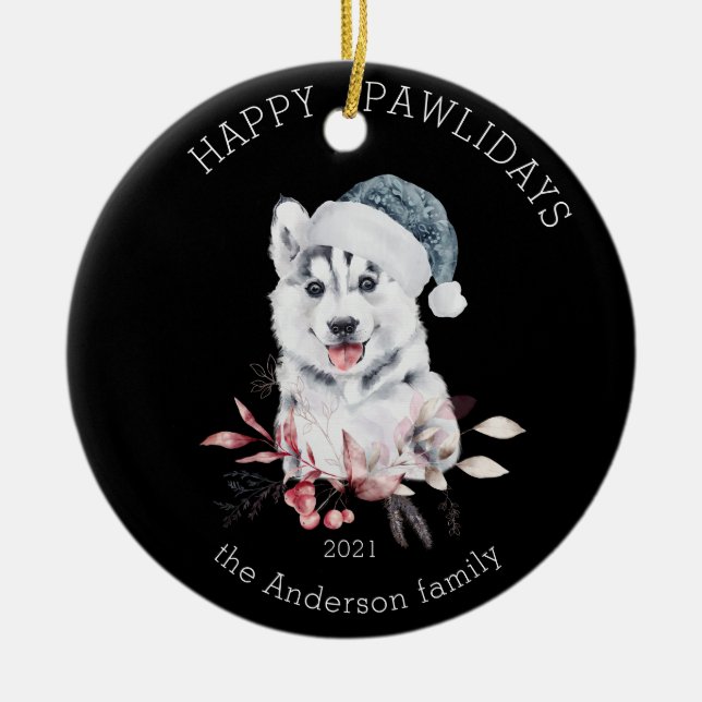 winter puppy happy pawlidays photo ceramic ornamen ceramic ornament (Front)