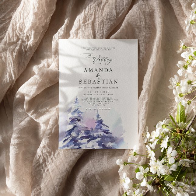 Winter Purple Pine Snow Wedding Party Invitation (Creator Uploaded)