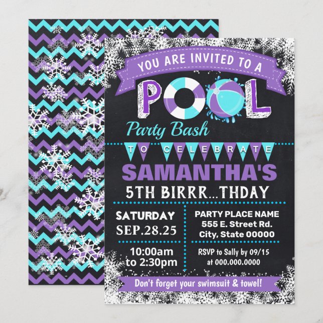 Winter Purple Pool birthday party bash Invitation (Front/Back)