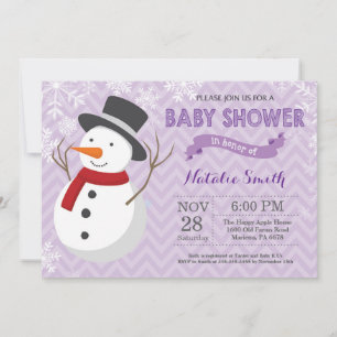 Winter Purple Snowman Girl Baby Shower Invitation
