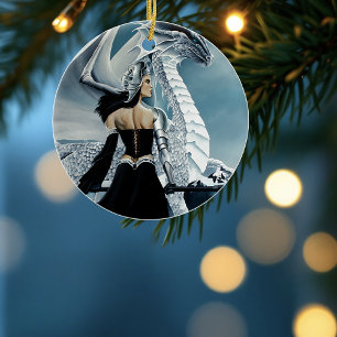 Winter Queen White Dragon Fantasy Ceramic Ornament