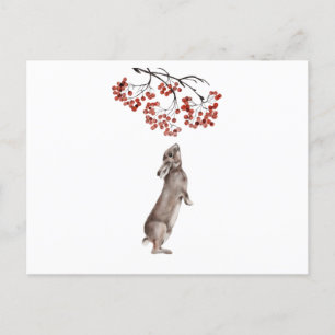 Winter Rabbit Eating Berry in Watercolor Postcard