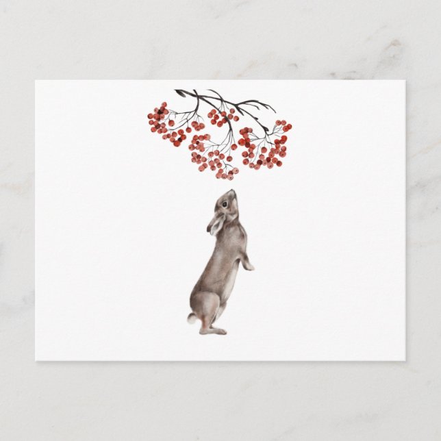 Winter Rabbit Eating Berry in Watercolor Postcard (Front)