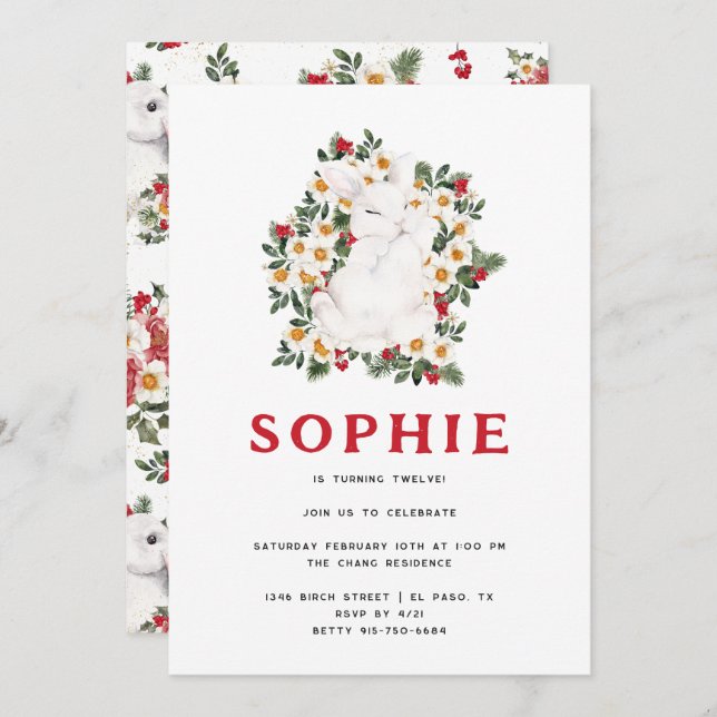 Winter Rabbit Floral | Birthday Party Invitation (Front/Back)