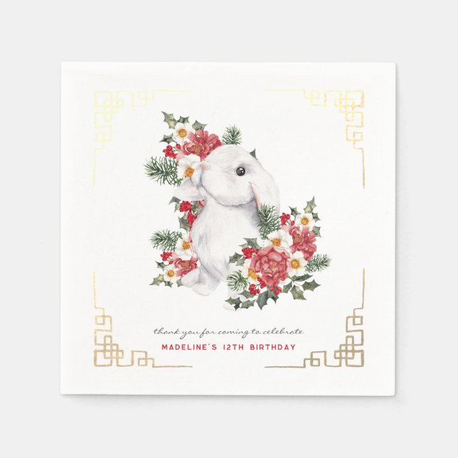 Winter Rabbit Floral | Birthday Party Napkin (Front)