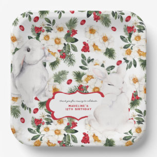 Winter Rabbit Floral Birthday Party Paper Plate