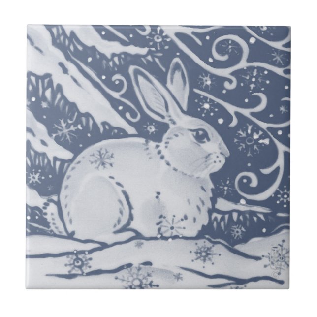Winter Rabbit Hare Snow Denim Blue Dedham Delft Tile (Front)