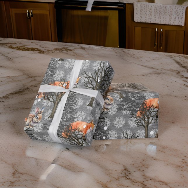 Winter Rabbits Red Foxes Trees on Steel Grey Wrapping Paper (Creator Uploaded)