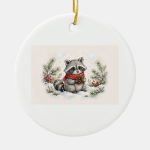 Winter Raccoon Gift Watercolor Red Scarf Pinecone  Ceramic Ornament
