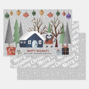 Winter racoon, Merry Christmas and snowflakes Wrapping Paper Sheet