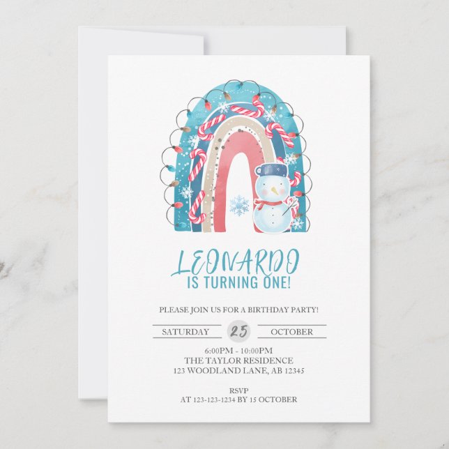Winter Rainbow Arch, Christmas 1st Birthday Invitation (Front)