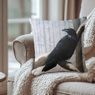 Winter Raven Forest Throw Pillow