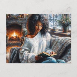 Winter Reading Black Woman Cozy Art Postcard