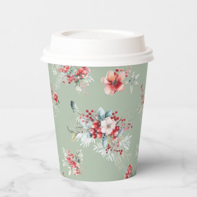 Winter Red and Green Floral Bridal Shower Paper Cups (Left)