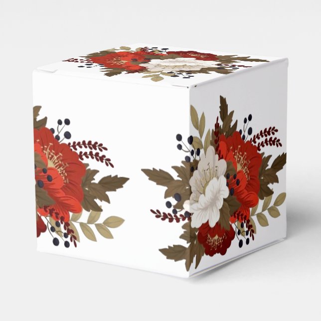 Winter Red and white floral Square Sticker Wine Bo Favor Box (Front Side)