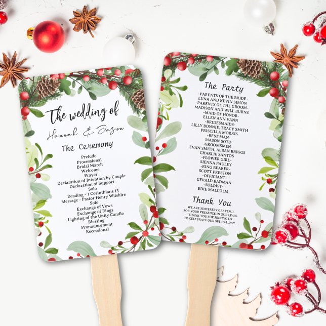 Winter Red Berries Christmas Wedding Program Hand Hand Fan (Creator Uploaded)